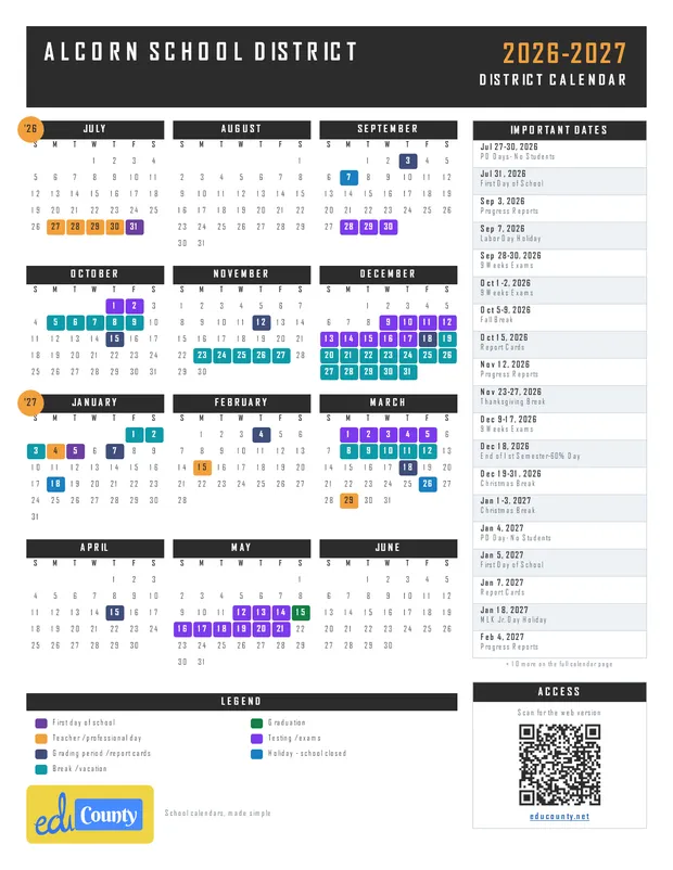 Alcorn School District printable 2026-27 calendar