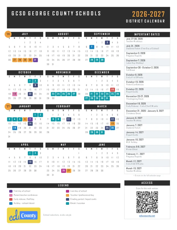 GCSD George County Schools printable 2026-27 calendar