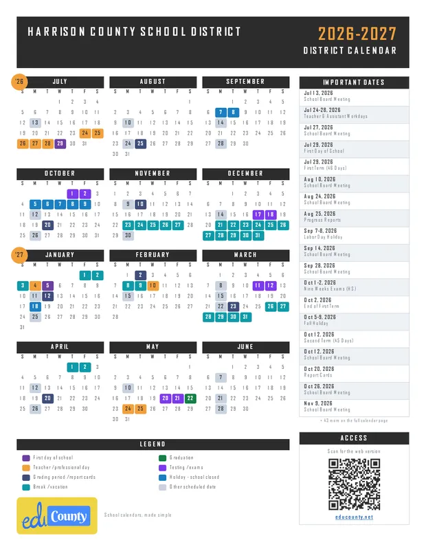 Harrison County School District printable 2026-27 calendar