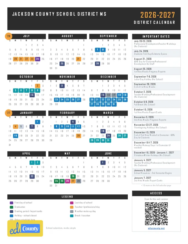 Jackson County School District printable 2026-27 calendar