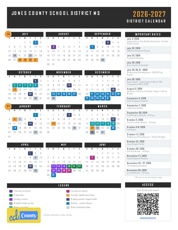 Jones County School District printable 2026-27 calendar