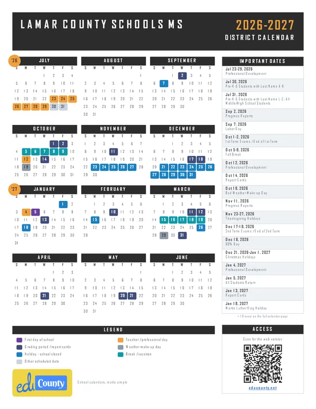 Lamar County Schools printable 2026-27 calendar