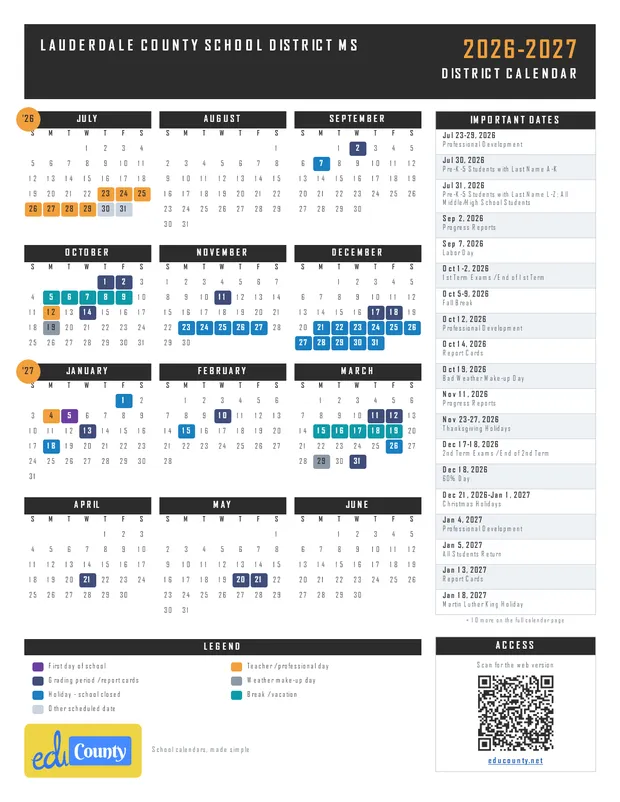 Lauderdale County School District printable 2026-27 calendar
