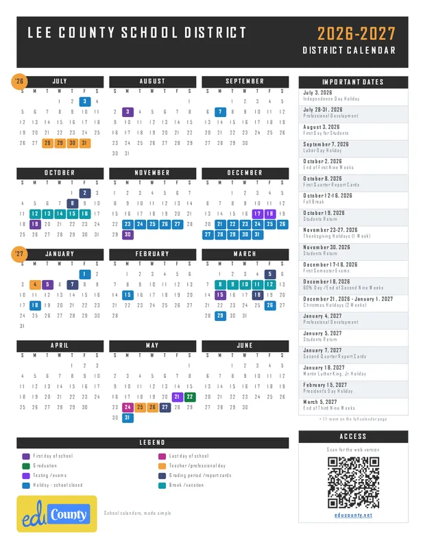 Lee County School District printable 2026-27 calendar