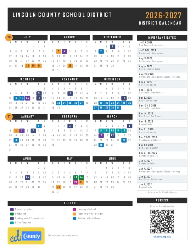 Lincoln County School District printable 2026-27 calendar