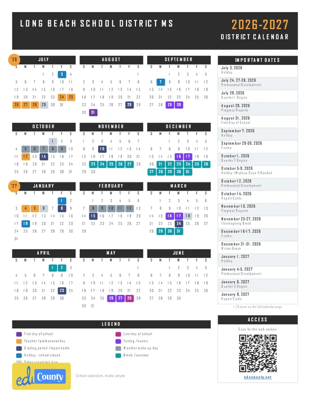Long Beach School District printable 2026-27 calendar