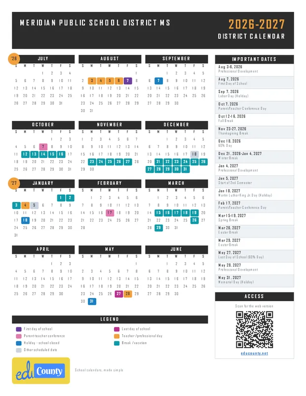 Meridian Public School District printable 2026-27 calendar
