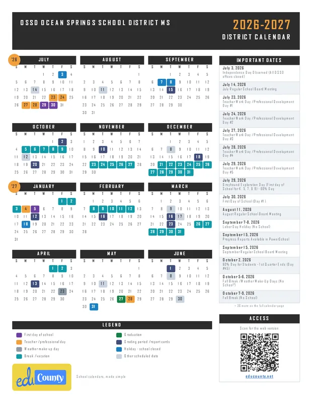 OSSD Ocean Springs School District printable 2026-27 calendar