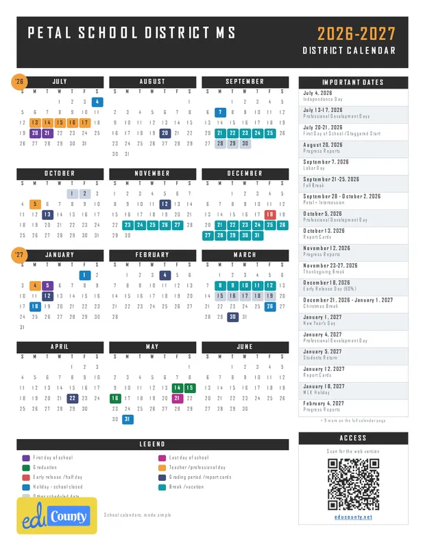 Petal School District printable 2026-27 calendar