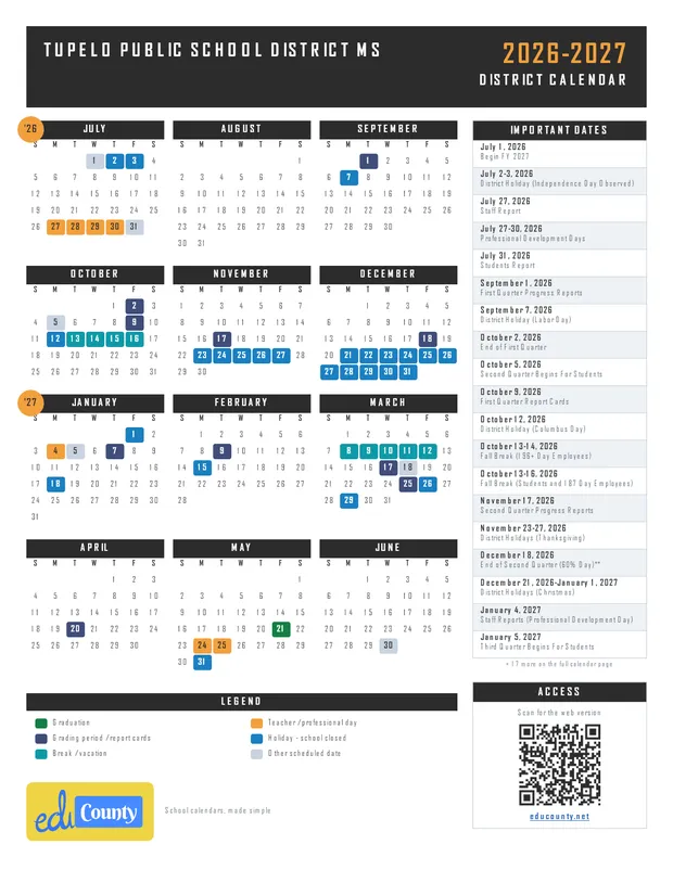 Tupelo Public School District printable 2026-27 calendar