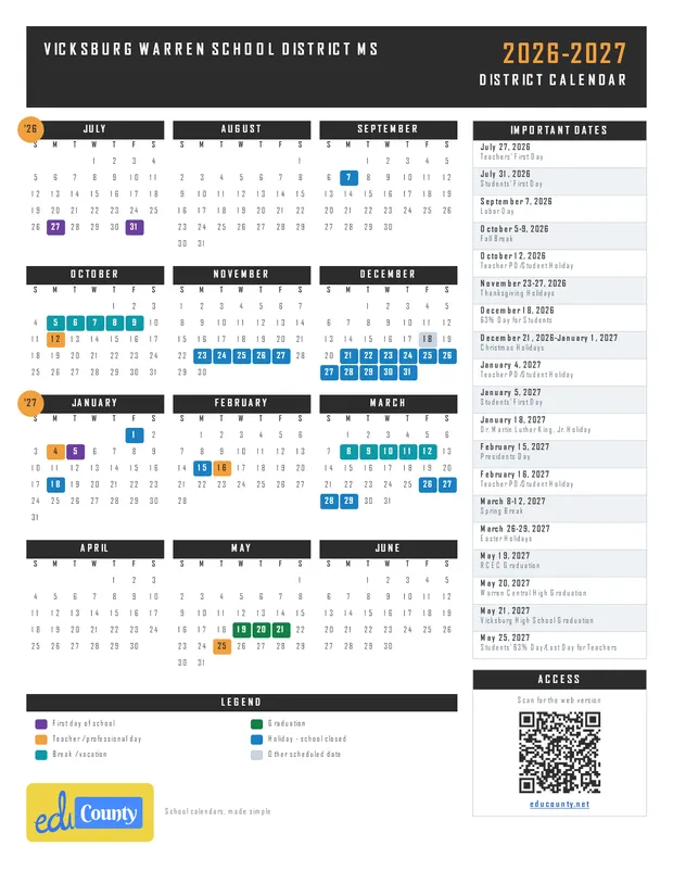 Vicksburg Warren School District printable 2026-27 calendar