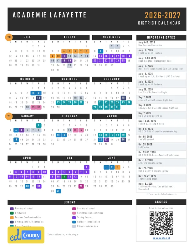 Académie Lafayette printable 2026-27 calendar