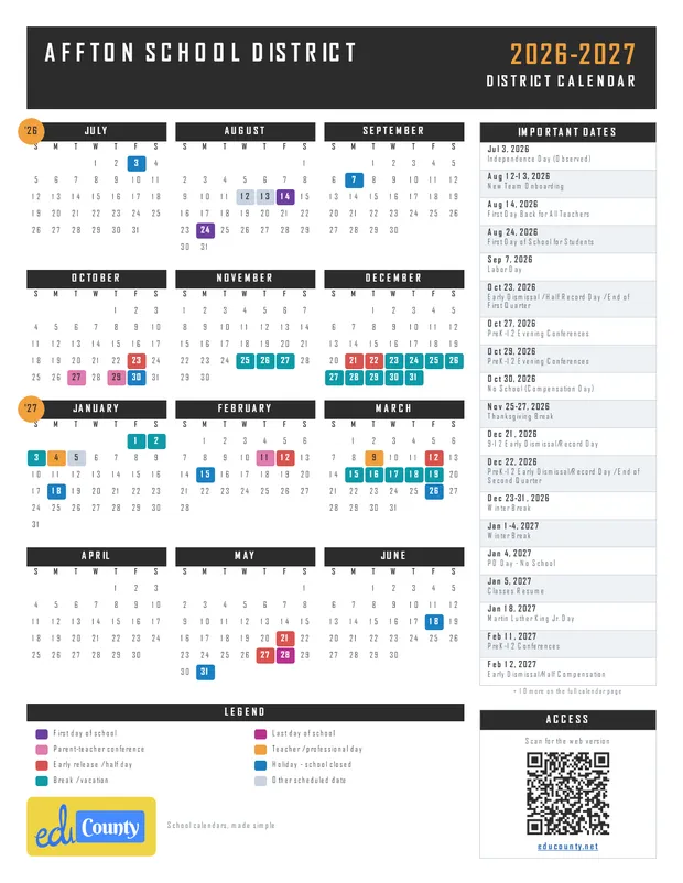 AFFTON SCHOOL DISTRICT printable 2026-27 calendar