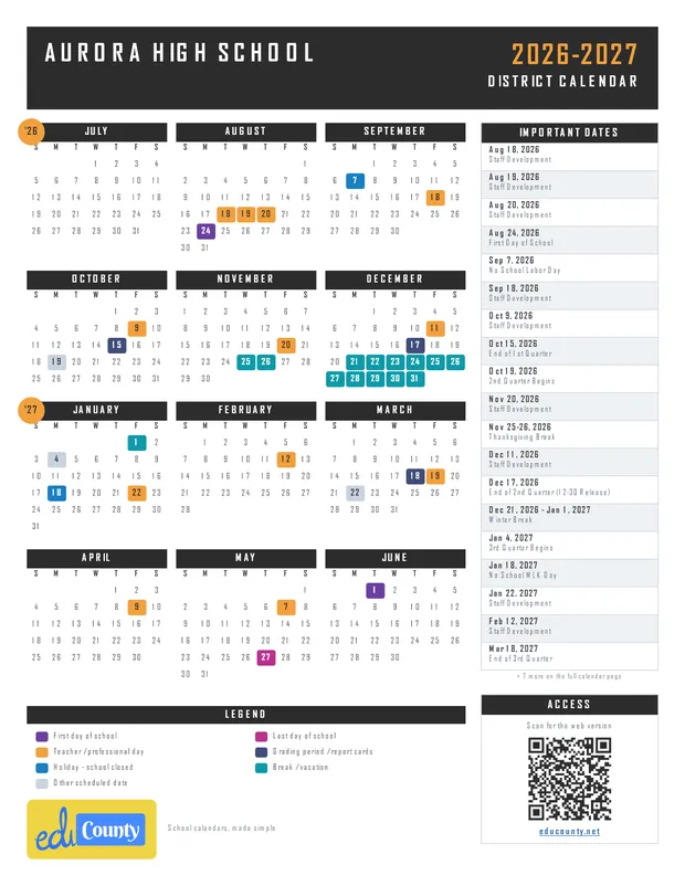 Aurora High School printable 2026-27 calendar