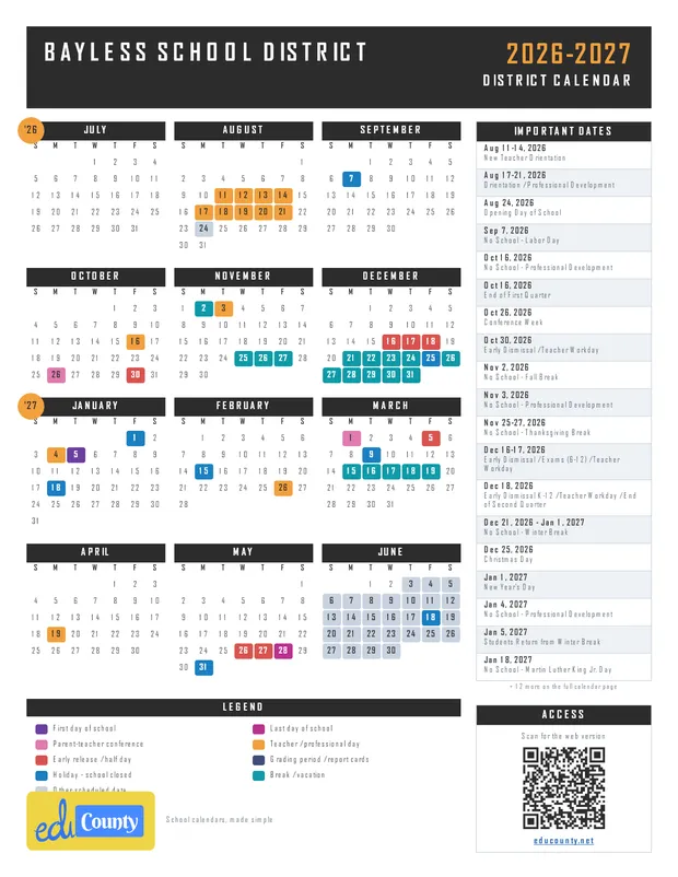 Bayless School District printable 2026-27 calendar