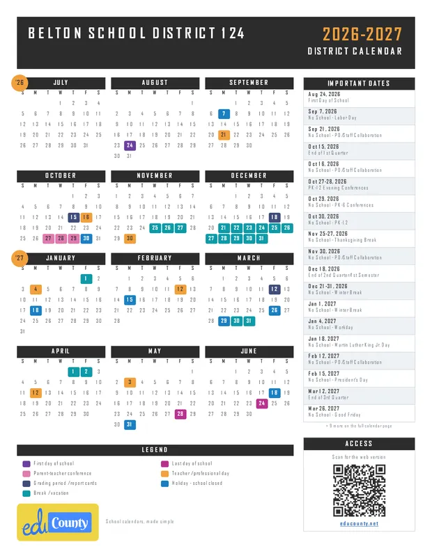 Belton School District 124 printable 2026-27 calendar