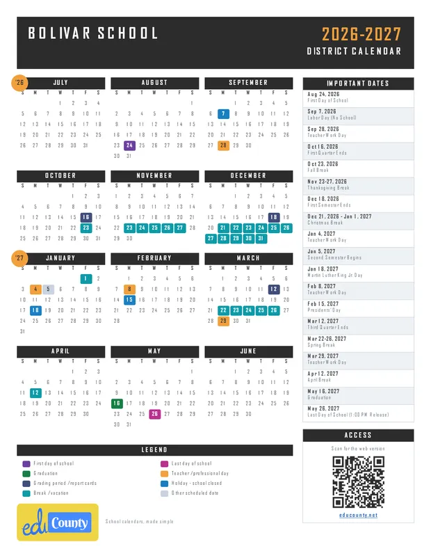 Bolivar School printable 2026-27 calendar