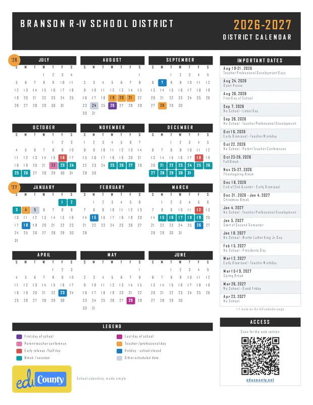 Branson R-IV School District printable 2026-27 calendar