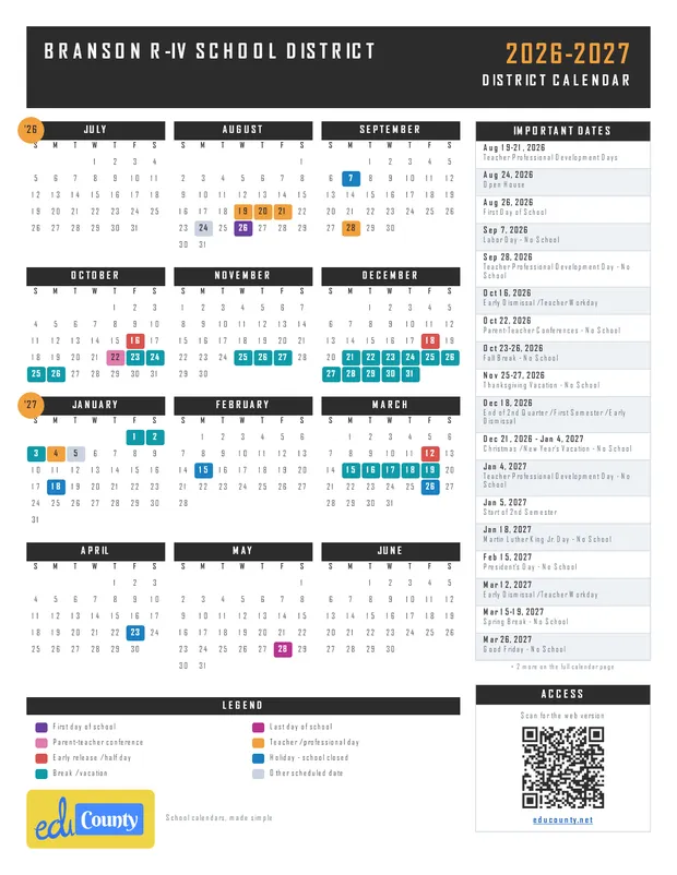 Branson R-IV School District printable 2026-27 calendar