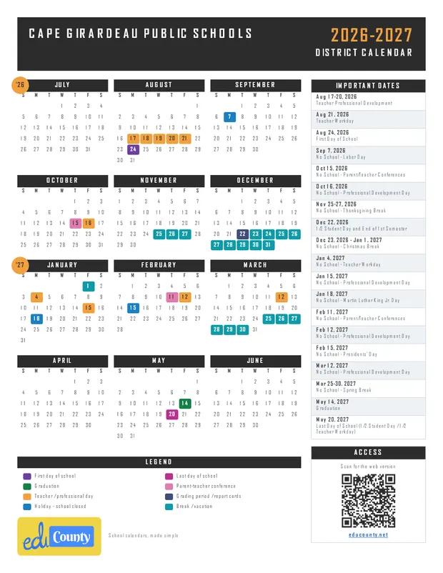 Cape Girardeau Public Schools printable 2026-27 calendar