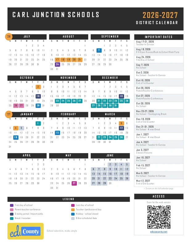 Carl Junction Schools printable 2026-27 calendar