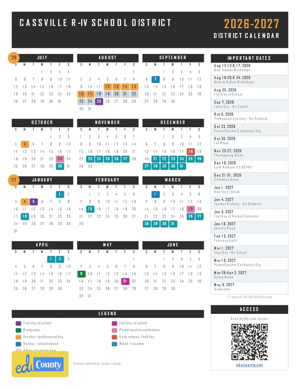 Cassville R-IV School District printable 2026-27 calendar
