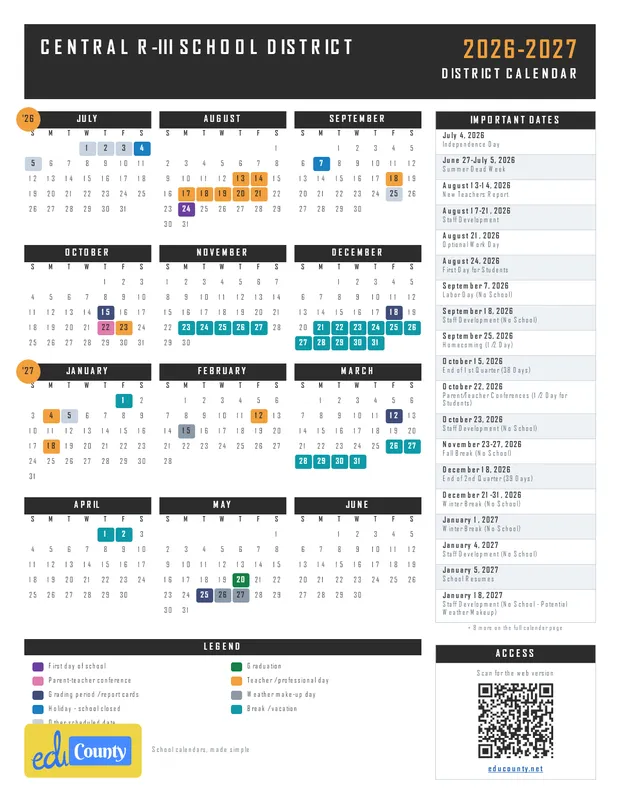 Central R-III School District printable 2026-27 calendar