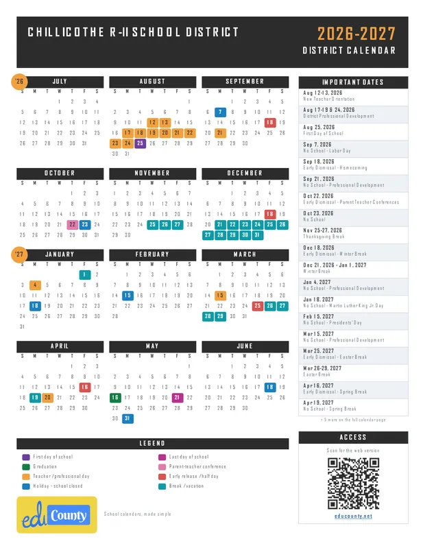 Chillicothe R-II School District printable 2026-27 calendar