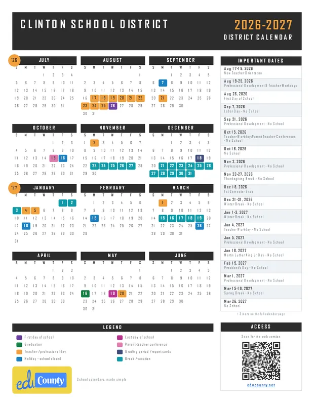 Clinton School District printable 2026-27 calendar