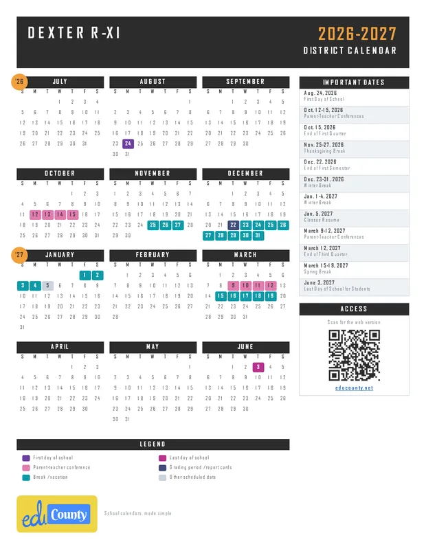 Dexter R-XI printable 2026-27 calendar