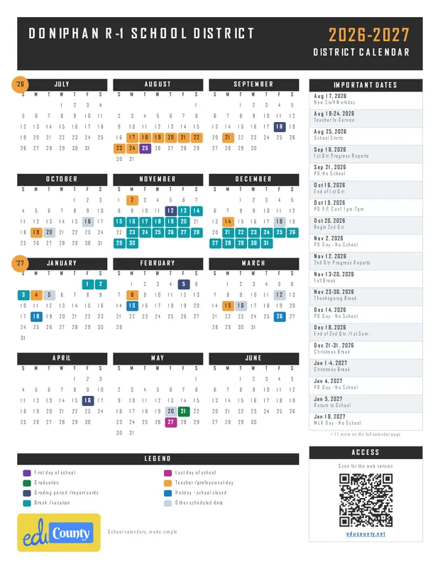 Doniphan R-1 School District printable 2026-27 calendar