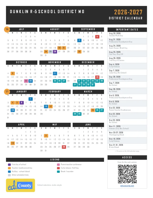 Dunklin R-5 School District printable 2026-27 calendar