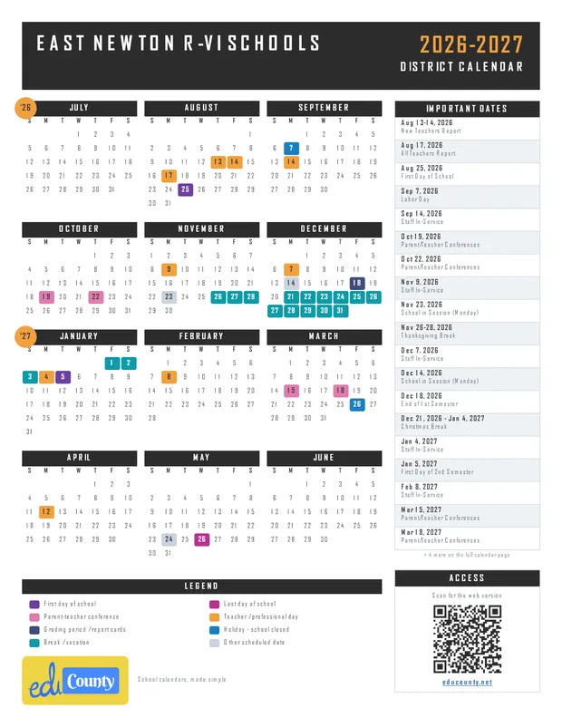 East Newton R-VI Schools printable 2026-27 calendar