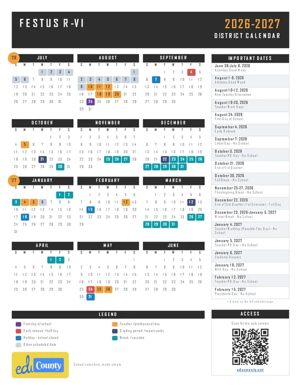 Festus R-VI printable 2026-27 calendar