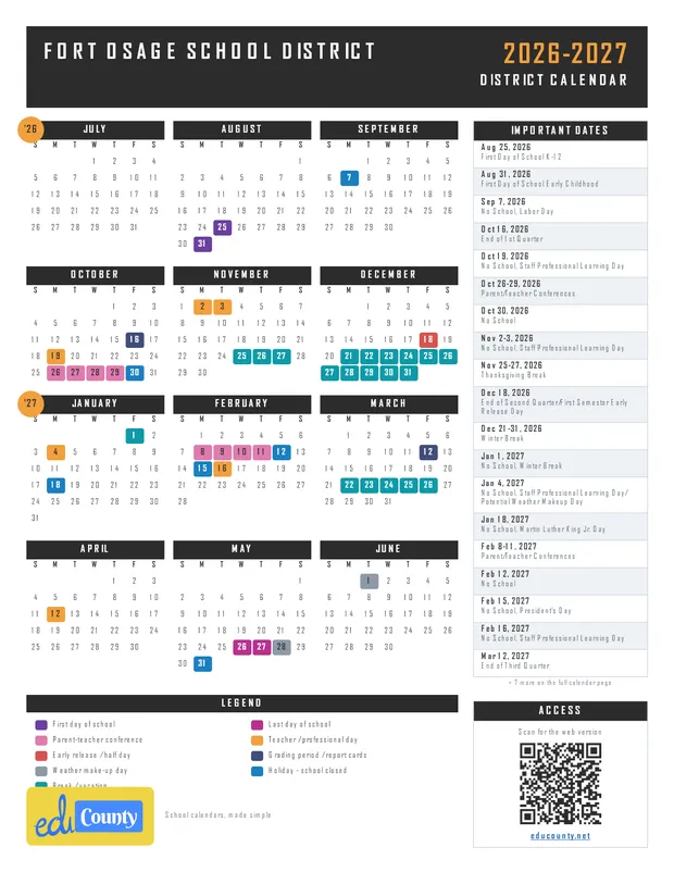 Fort Osage School District printable 2026-27 calendar