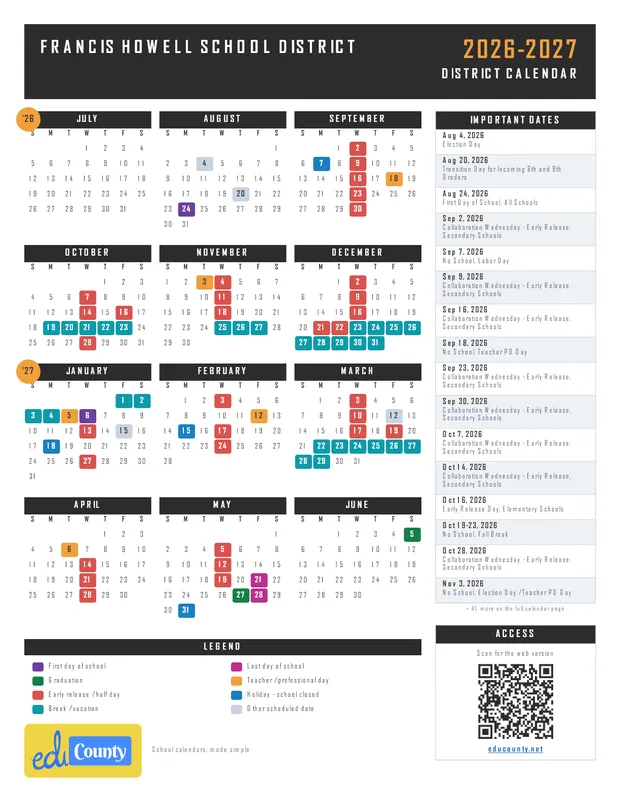 Francis Howell School District printable 2026-27 calendar