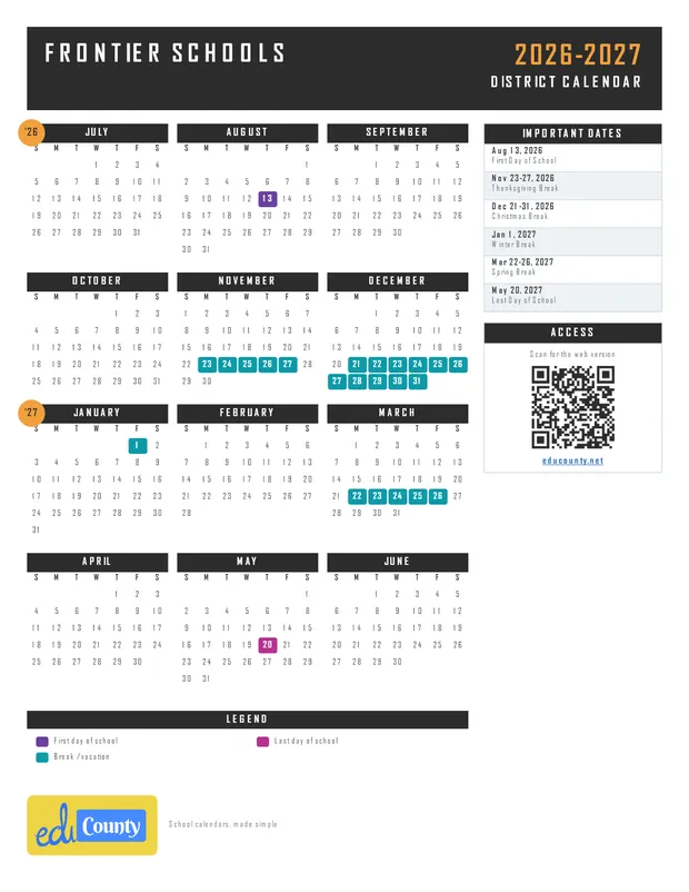 Frontier Schools printable 2026-27 calendar