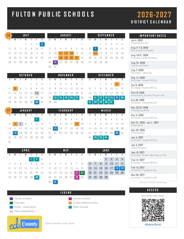 Fulton Public Schools printable 2026-27 calendar