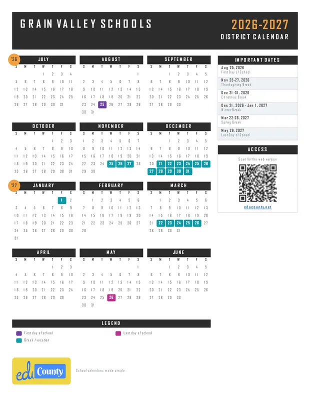 Grain Valley Schools printable 2026-27 calendar