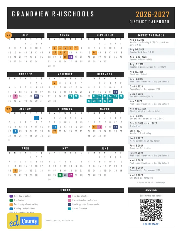 Grandview R-II Schools printable 2026-27 calendar