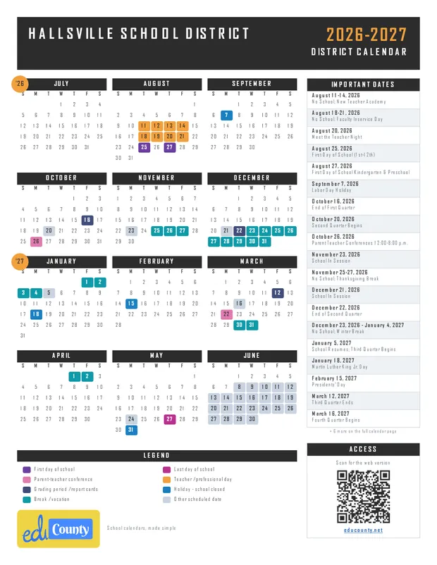 Hallsville School District printable 2026-27 calendar
