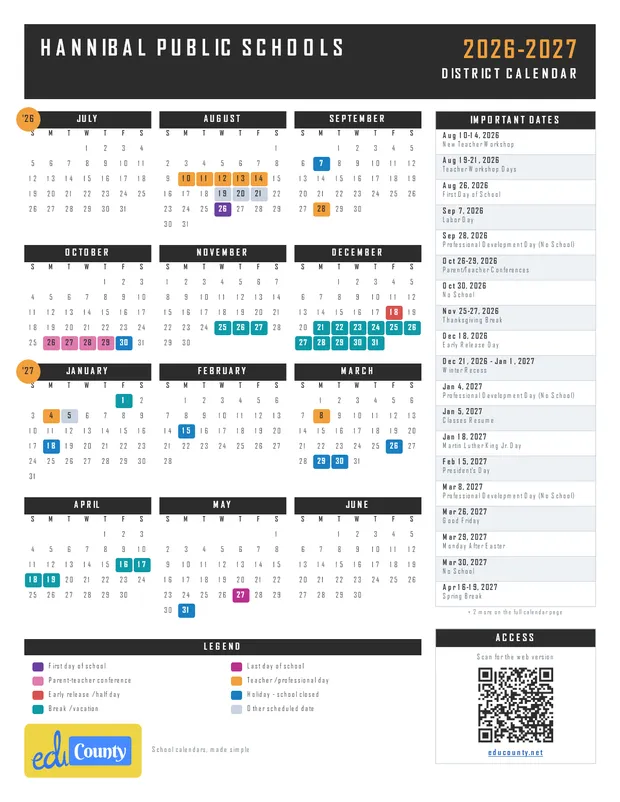 Hannibal Public Schools printable 2026-27 calendar
