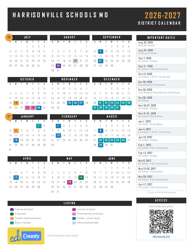 Harrisonville Schools printable 2026-27 calendar
