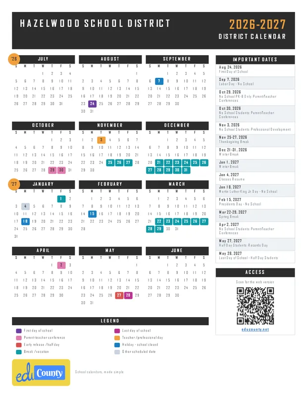 Hazelwood School District printable 2026-27 calendar