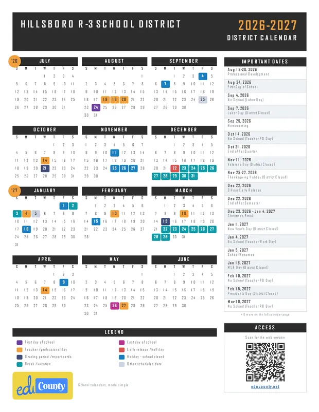 Hillsboro R-3 School District printable 2026-27 calendar