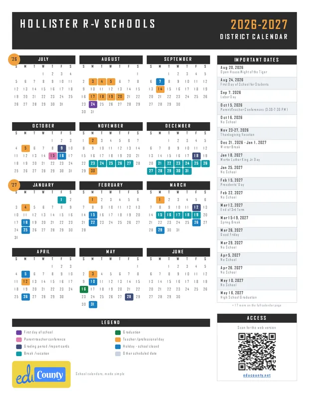Hollister R-V Schools printable 2026-27 calendar