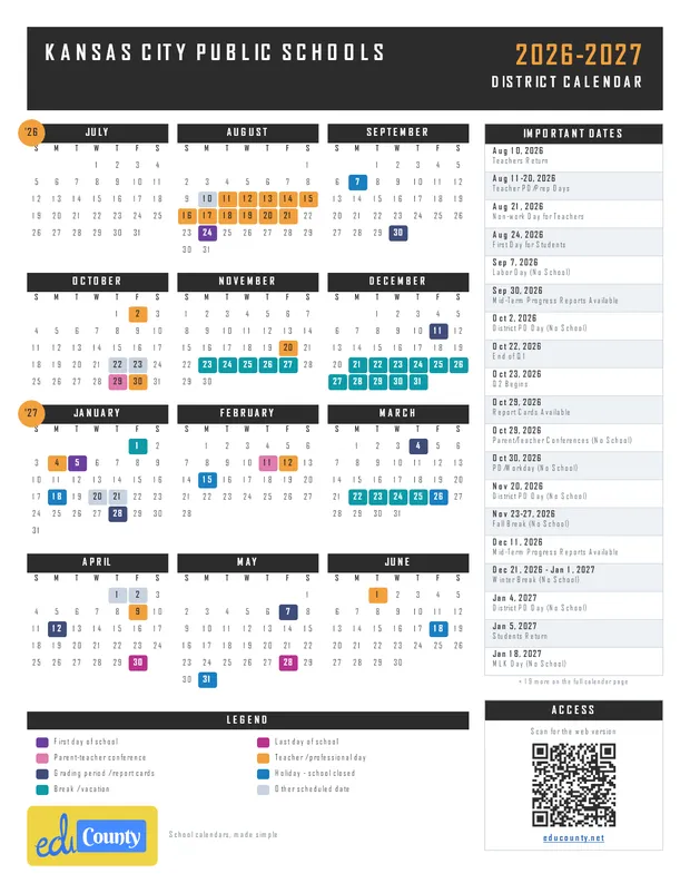 Kansas City Public Schools printable 2026-27 calendar