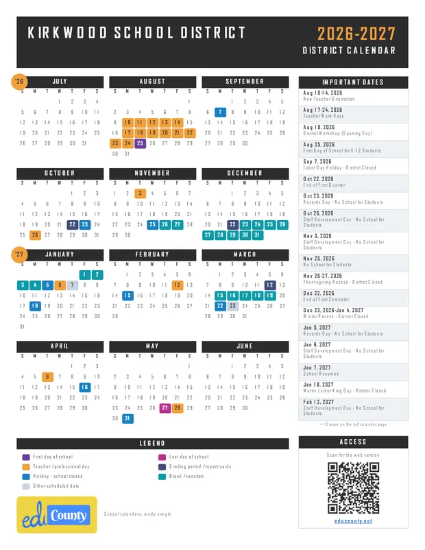 Kirkwood School District printable 2026-27 calendar