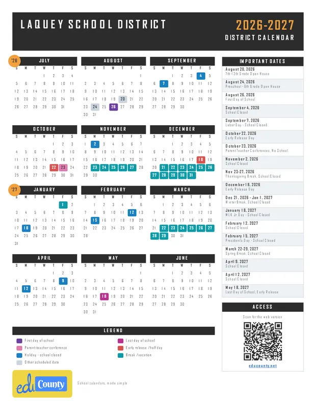 Laquey School District printable 2026-27 calendar