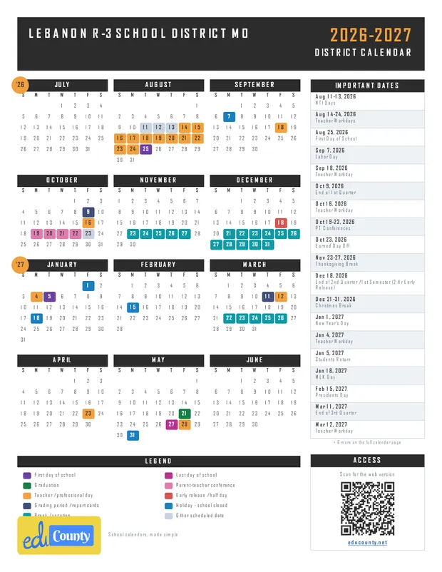 Lebanon R-3 School District printable 2026-27 calendar